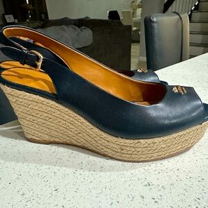 Coach Ferry Leather Dark Navy Blue Wedge Platform Espadrille Heel Sandal 6.5